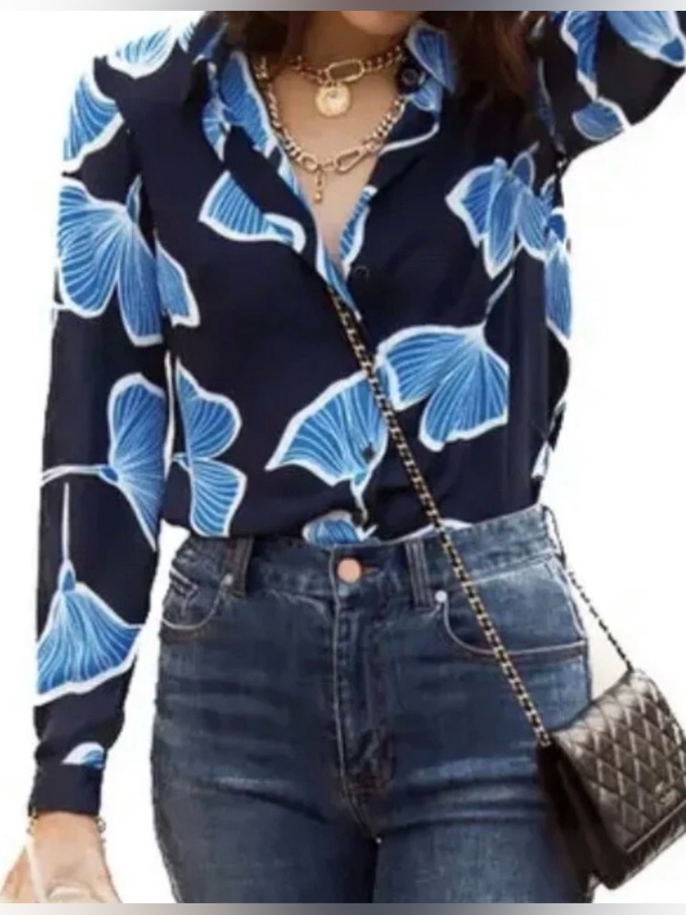 CAbi Black Button-Down Shirt with Blue and White Floral Print